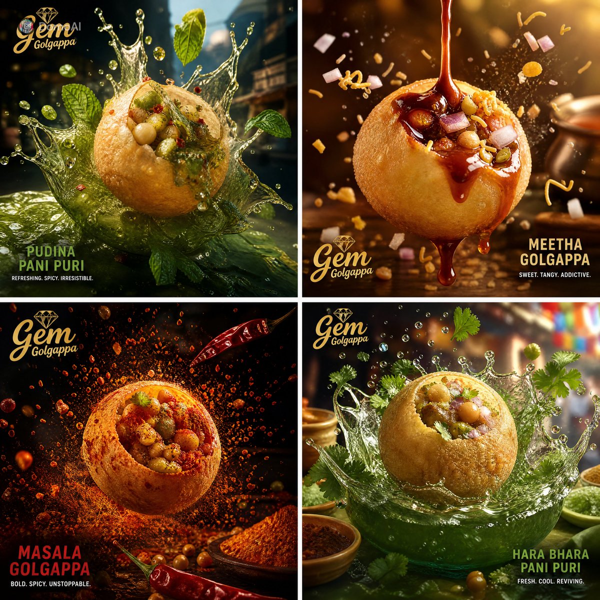 Commercial food photography ad campaign for Indian street food Golgappa Pani Pu…