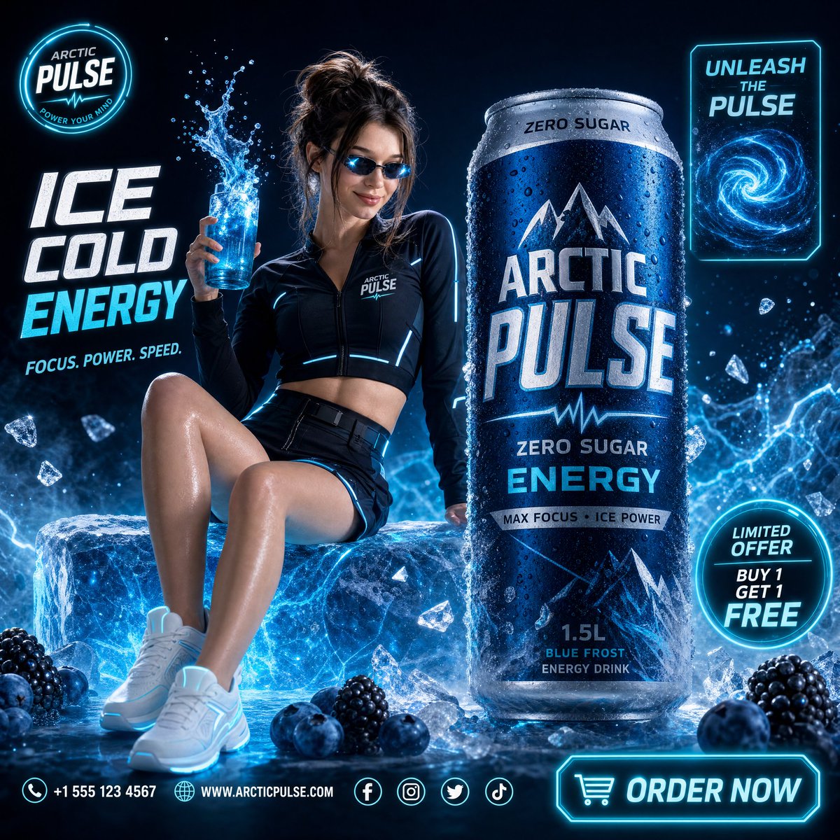 A high-end commercial beverage advertisement for "Arctic Pulse Energy Drink" — u