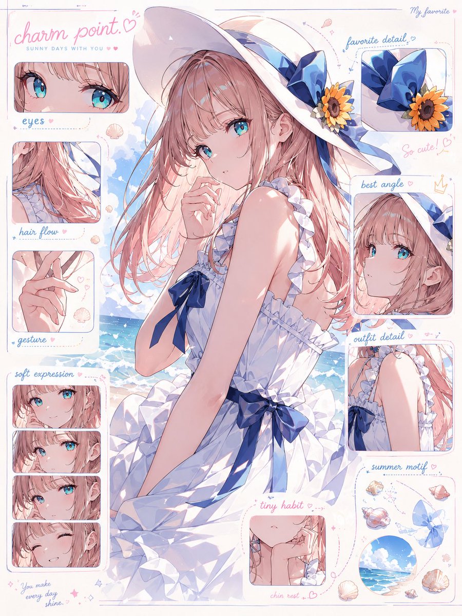 入力されたキャラクター画像をもとに、 そのキャラクターの「魅力解剖図」を1枚のビジュアルとして作成してください。 これは通常のキャラクター設定資料、三面図、プロ