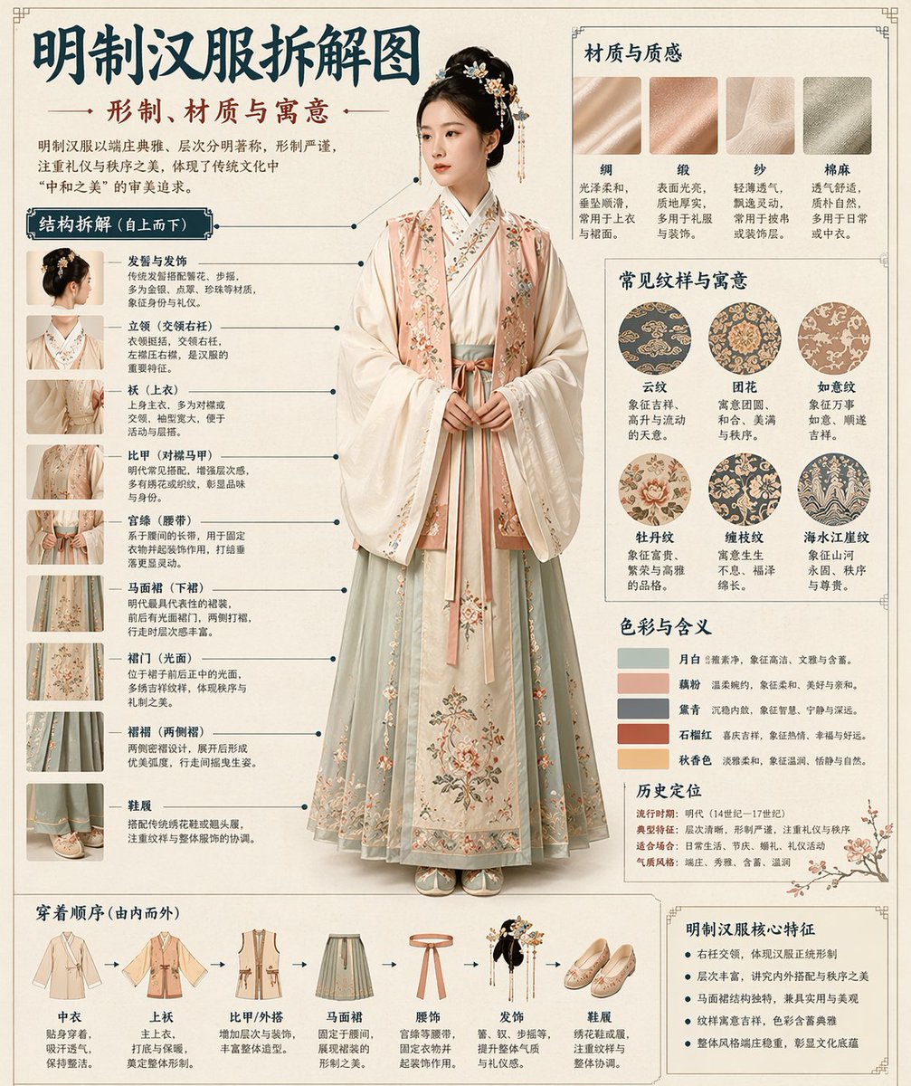 请根据[主题]自动生成一张[博物馆图鉴式中文拆解信息图]。 要求整张图兼具真实写实主视觉、结构拆解、中文标注、材质说明、纹样寓意、色彩含义和核心特征总结。你需要