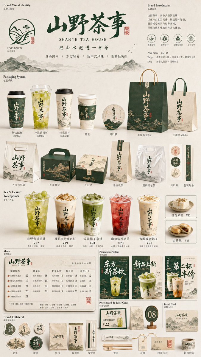 生成一张[餐饮品牌触点矩阵]系列视觉图，用于展示一个完整的餐饮品牌视觉系统与包装应用方案。 这是一个面向餐饮行业的品牌VI样机展示板 / 包装系统陈列图 / 品