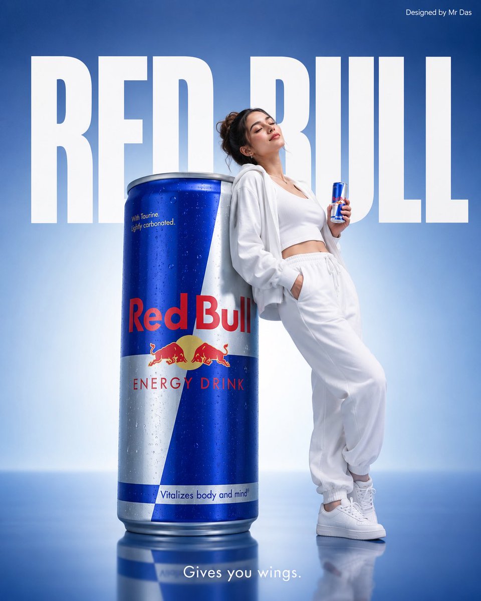 Minimalist commercial ad featuring oversized Red Bull Energy Drink can, ultra-cl