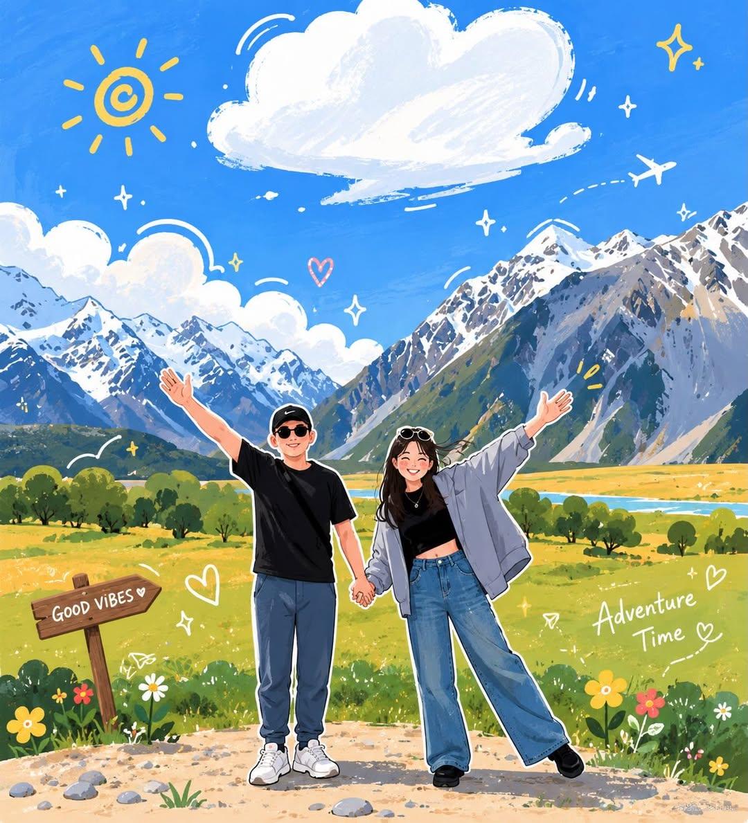 Transform the uploaded travel photo into a charming hand-drawn anime illustratio