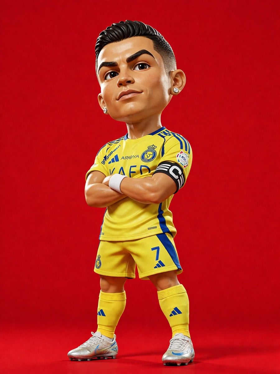 3D rendered caricature figurine of Cristiano Ronaldo, big head chibi style, wea…
