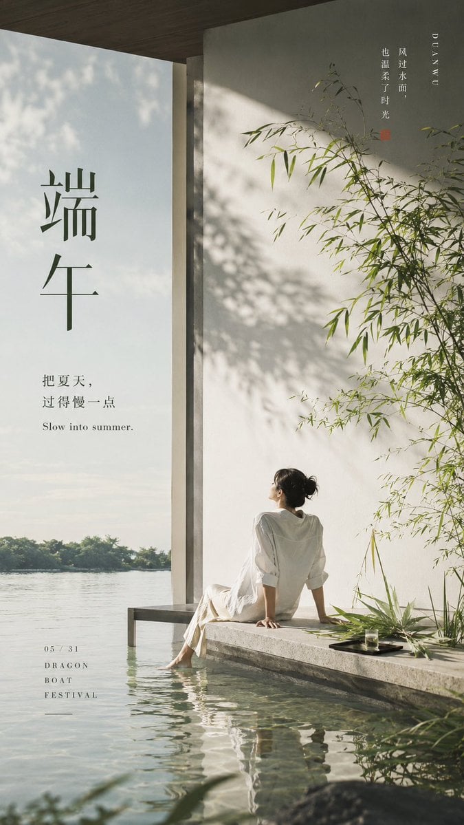 生成一张 9:16 竖版高级海报，主题为「端午」，但必须彻底跳出传统节日海报框架。不要做粽子、卡通龙舟、红金喜庆、祥云边框、安康祝福模板，也不要做成过度概念化的