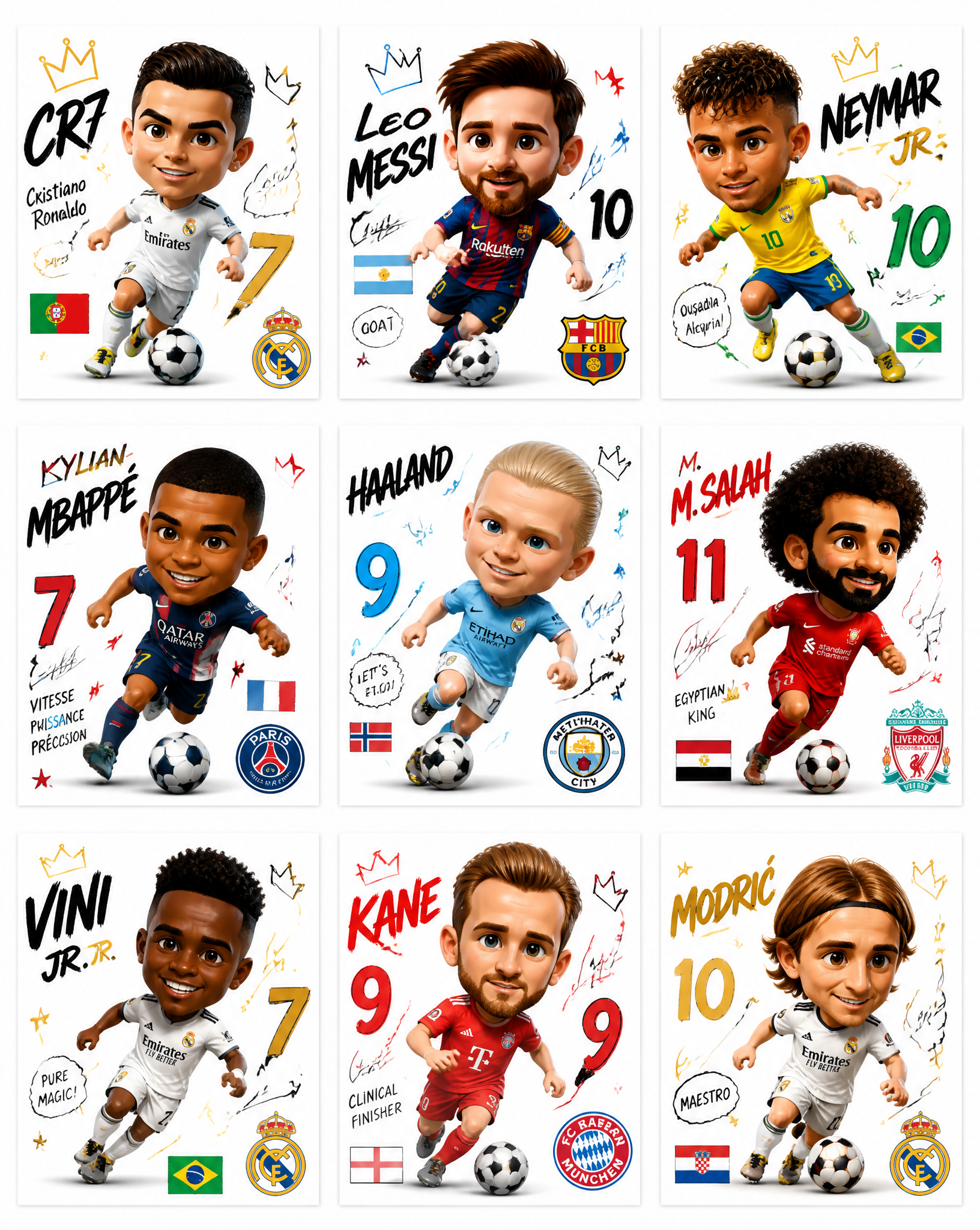 Create a collection of 9 square poster illustrations featuring famous football p