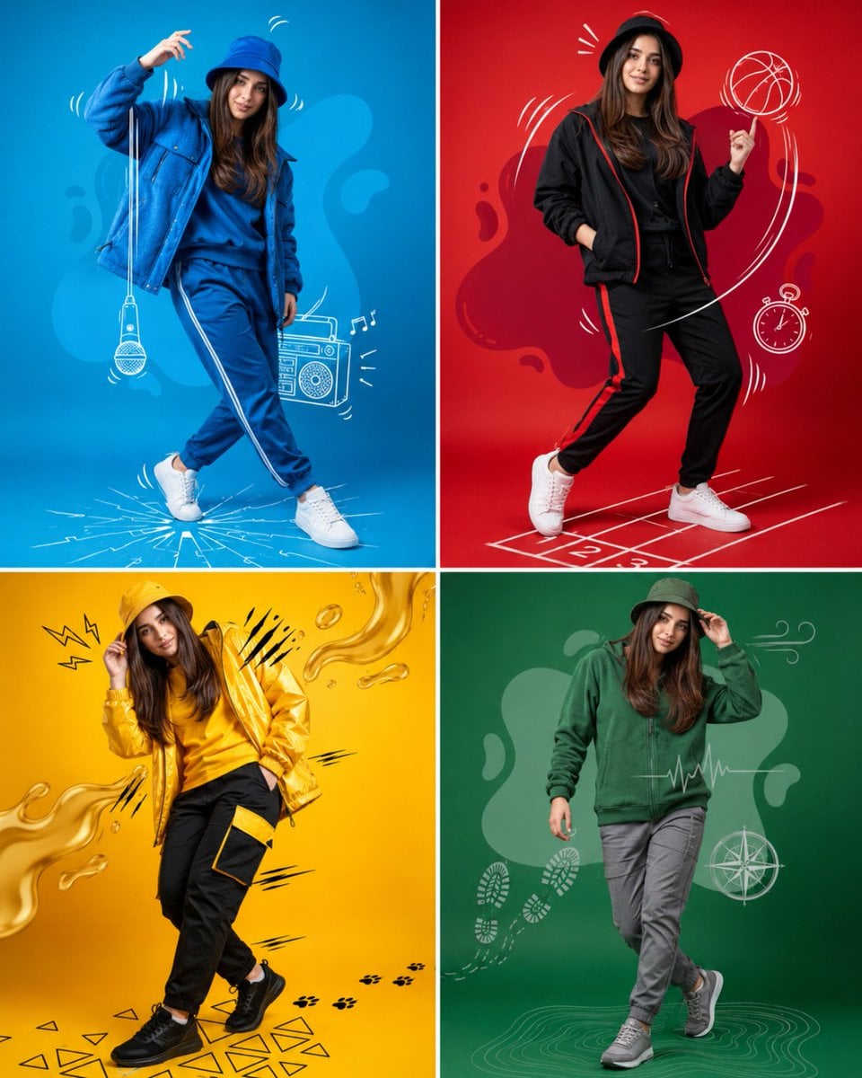 Create a high-end fashion advertising poster inspired by colorful sportswear cam