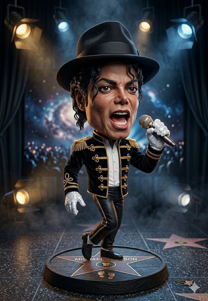 A hyper-detailed 3D caricature figurine of a legendary pop music icon, bobblehe…
