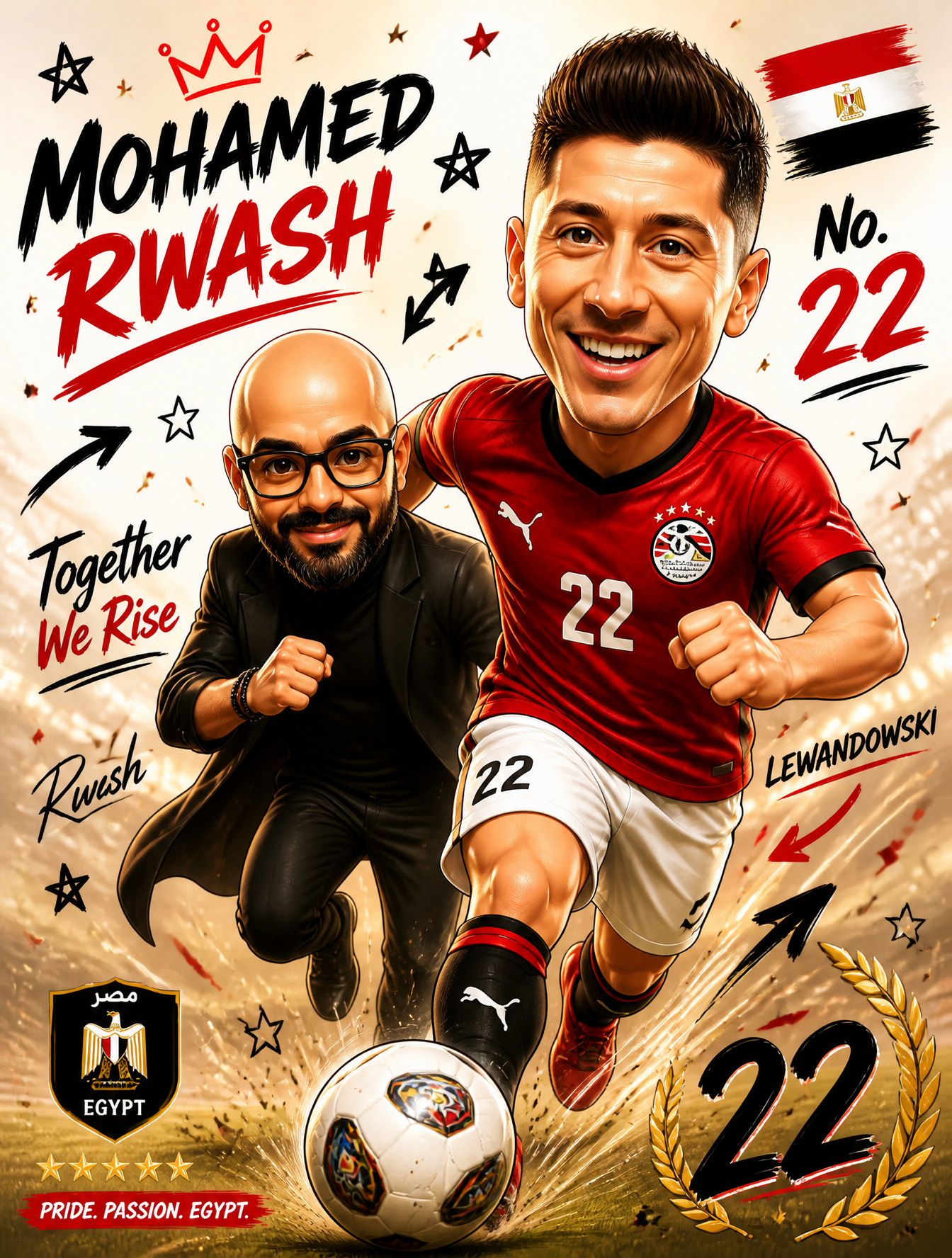 Create a polished cartel like a football player of Egyptian choice in a chibi/le