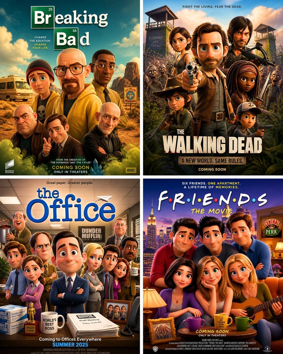 "Pixar-style movie poster reimagining of the TV show [TV Show]. Feature the mai…
