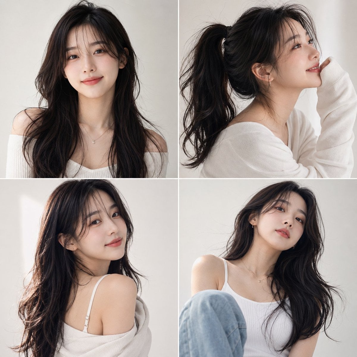 Photorealistic Korean beauty portrait of a cute young woman with long wavy dark…
