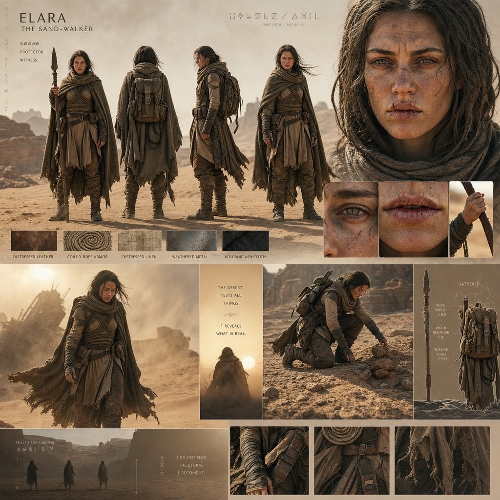 An epic desert-world cinematic character board with monumental scale and atmosph