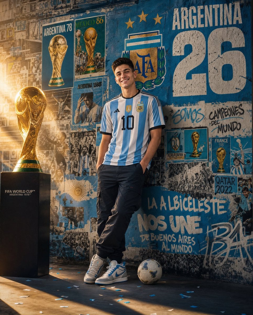 Ultra-realistic sports advertising poster featuring a young Argentine football s