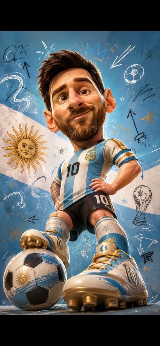 Full body caricature of a famous male football player with oversized head, exagg