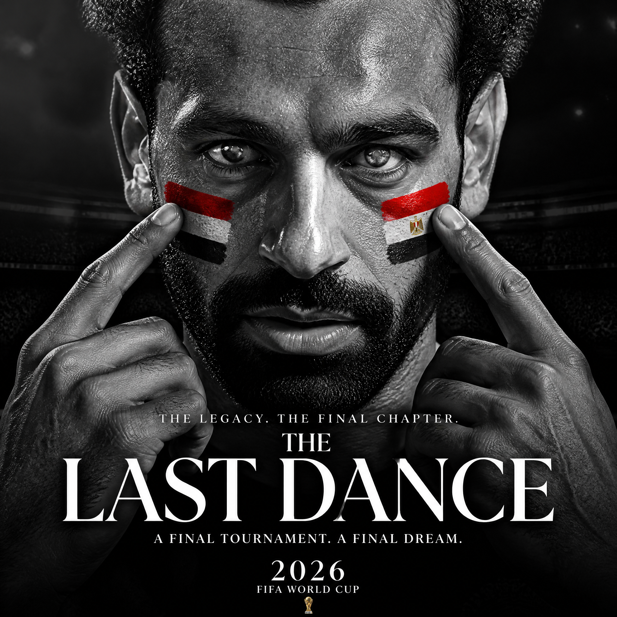 A highly realistic poster for the 2026 FIFA World Cup, a dramatic black-and-whit