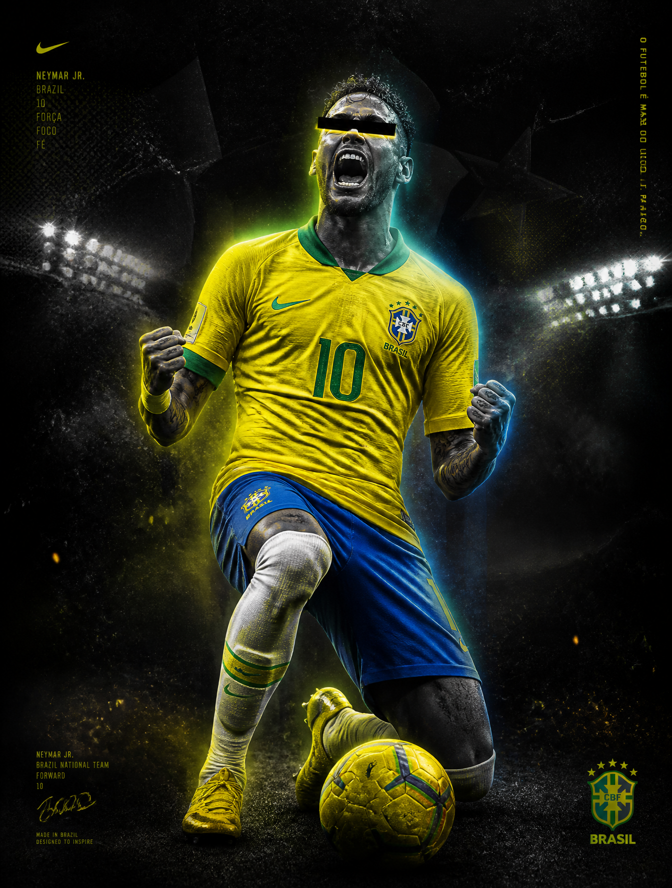 Ultra-stylized Neymar Jr. football poster, dark cinematic sports artwork, premiu