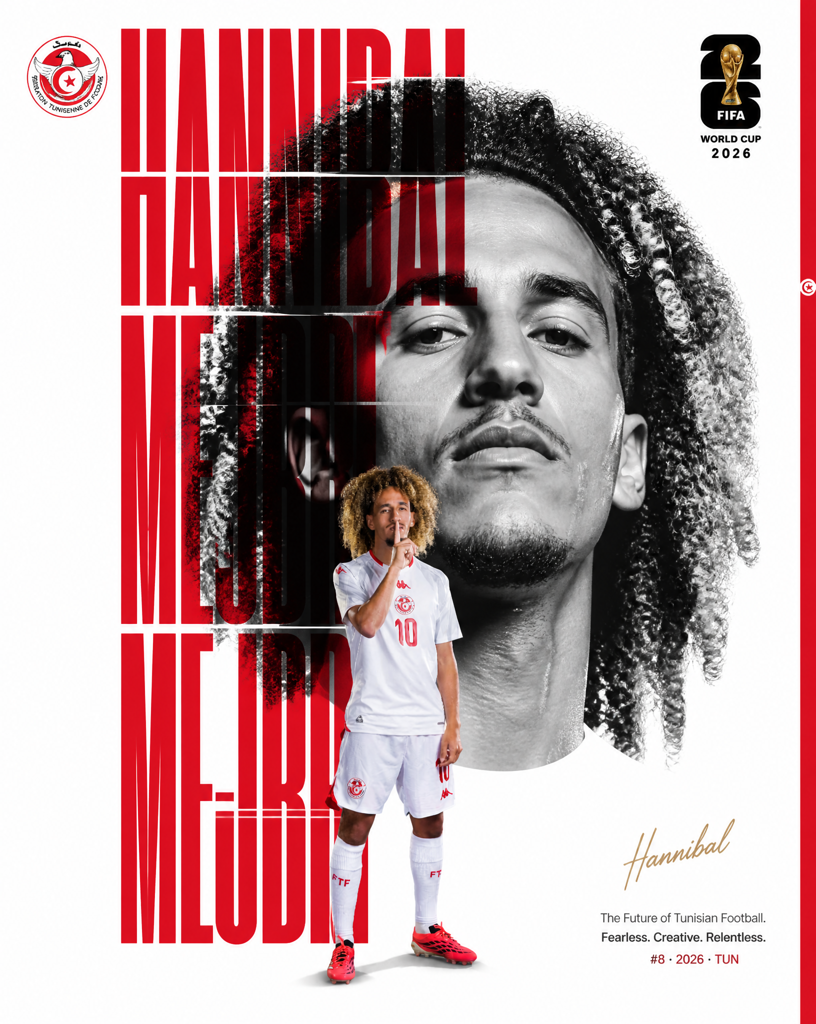 Create a luxury FIFA World Cup 2026 editorial poster featuring Hannibal Mejbri, 