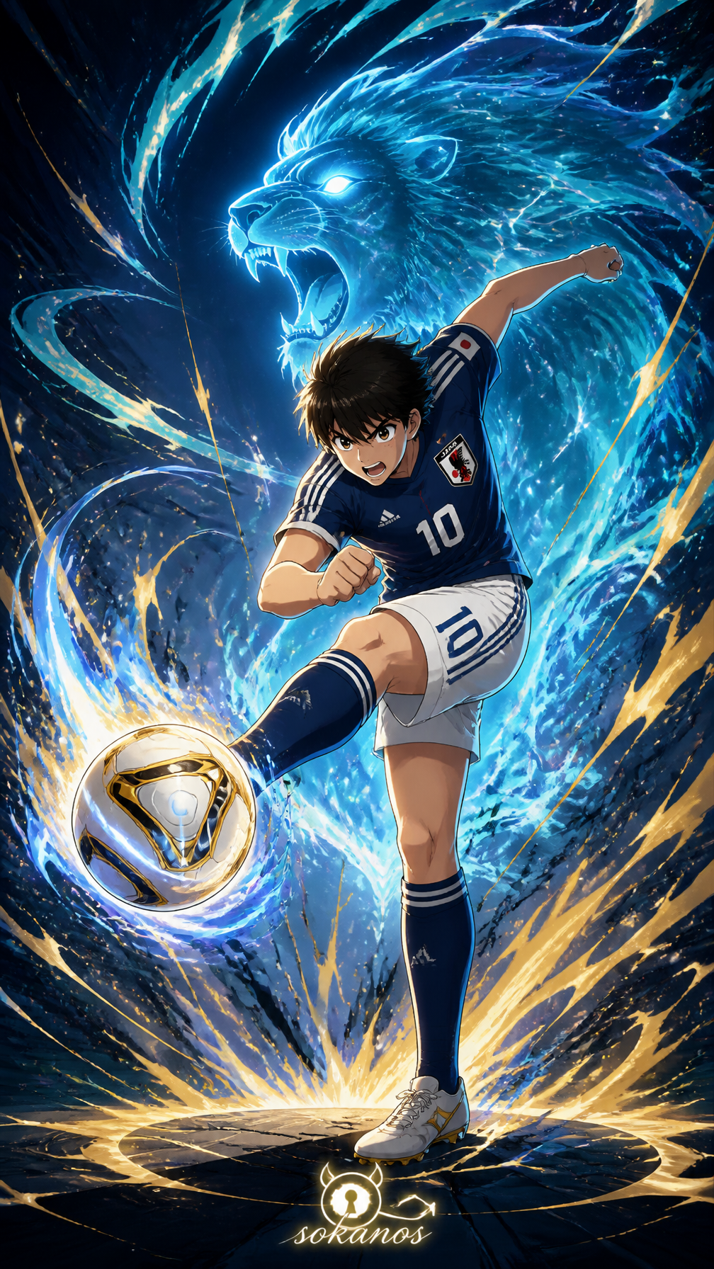 A legendary premium anime poster of Tsubasa Ozora in a stylized modern sports il