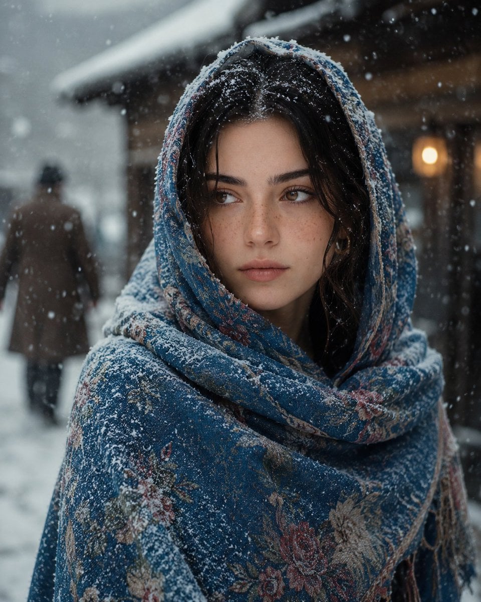 A cinematic portrait of a young woman standing in a snowy village, softly fallin