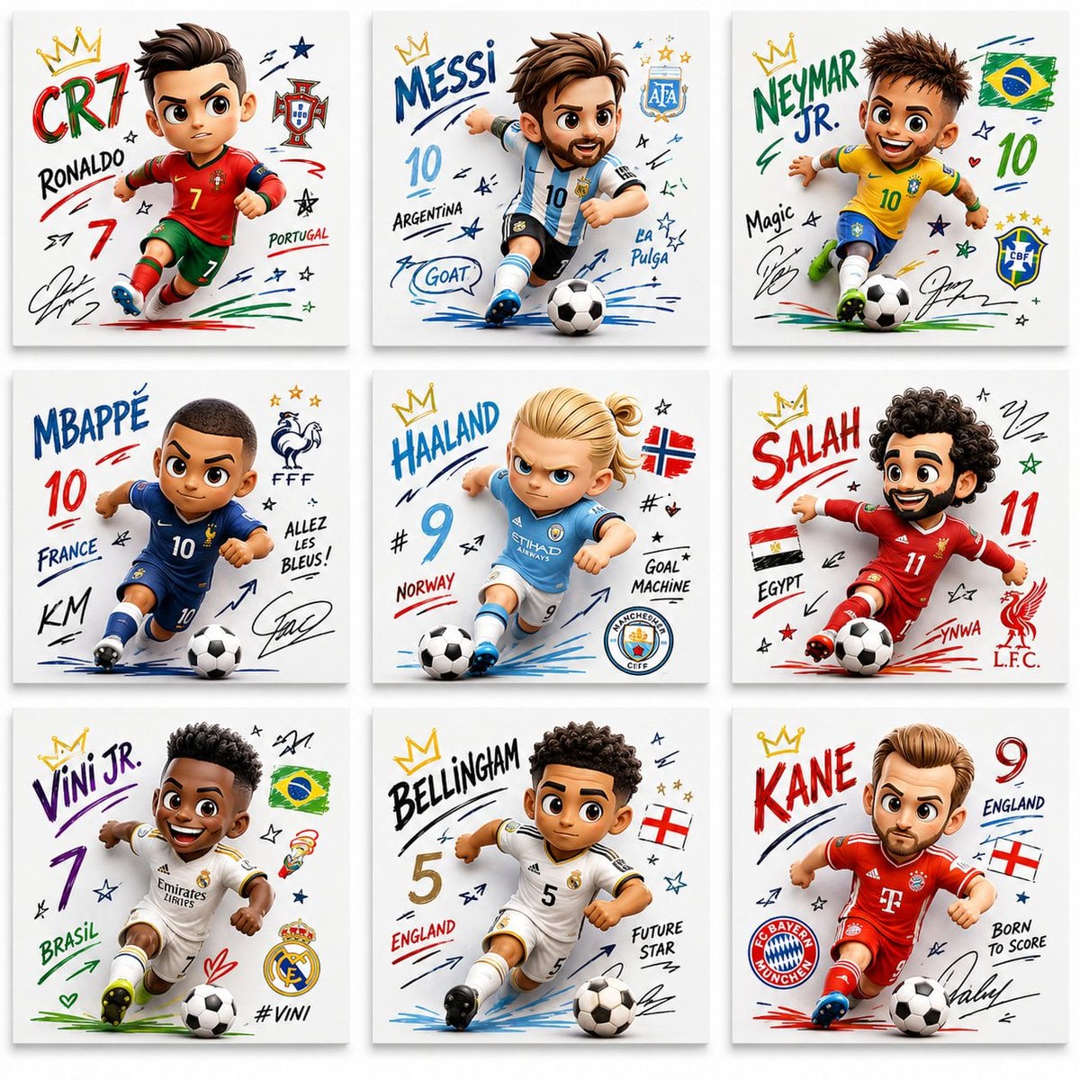 Create a collection of 9 square poster illustrations featuring famous football p