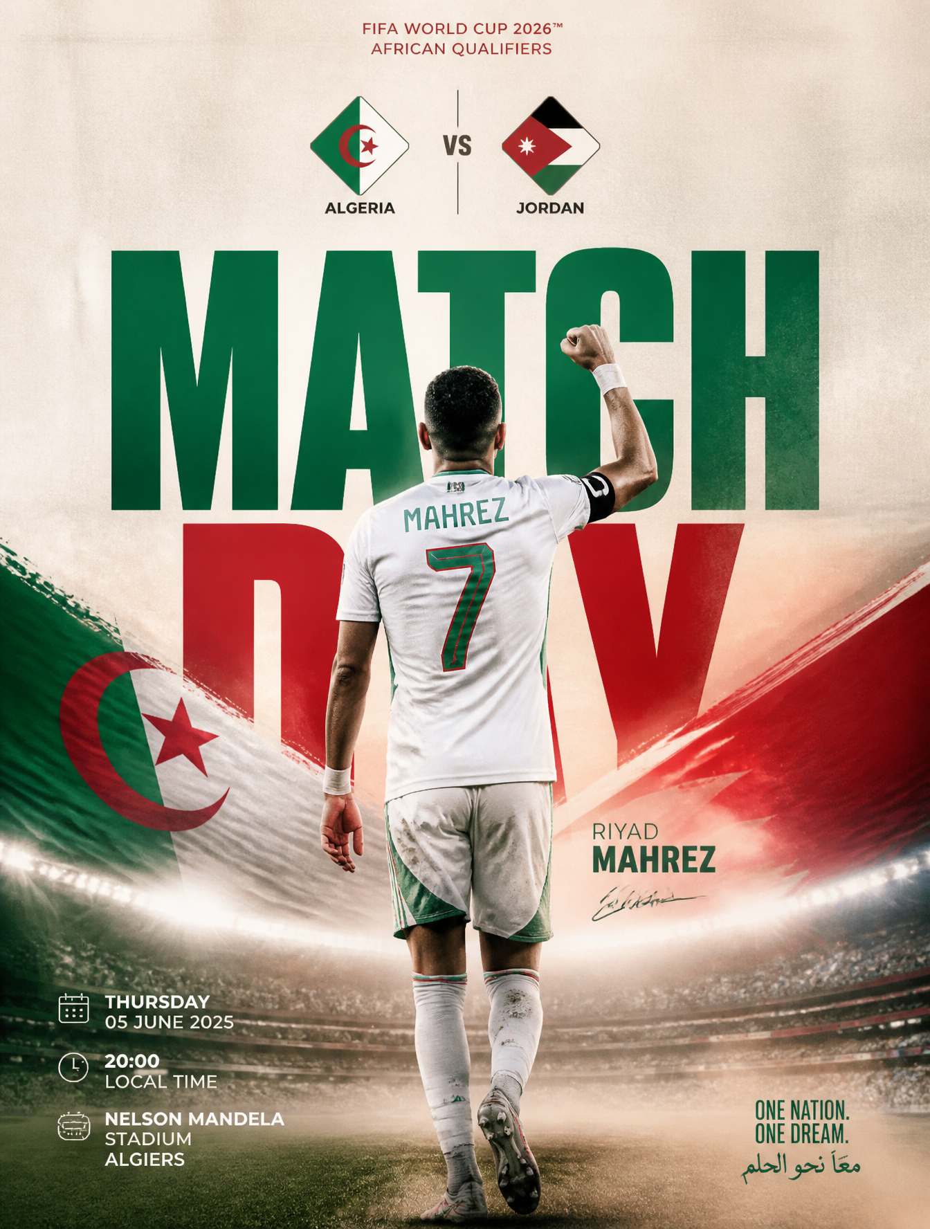 Ultra-realistic football match day poster design,ryad mahrez seen from the back 