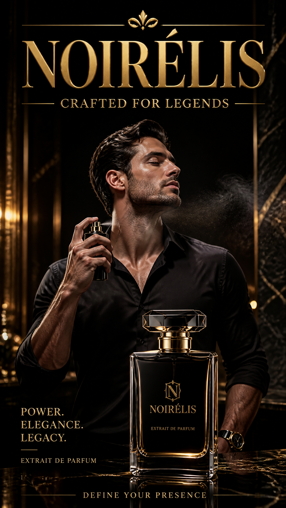 Ultra-premium luxury perfume advertisement, vertical 9:16 format, handsome male 