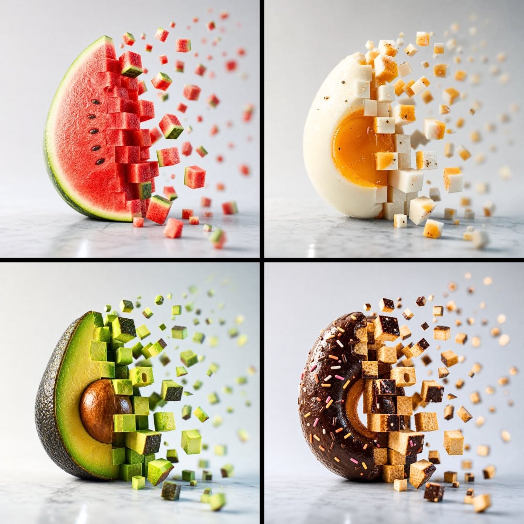 Minimalist food photograph — a single [Food] sits on a cool white honed-marble s