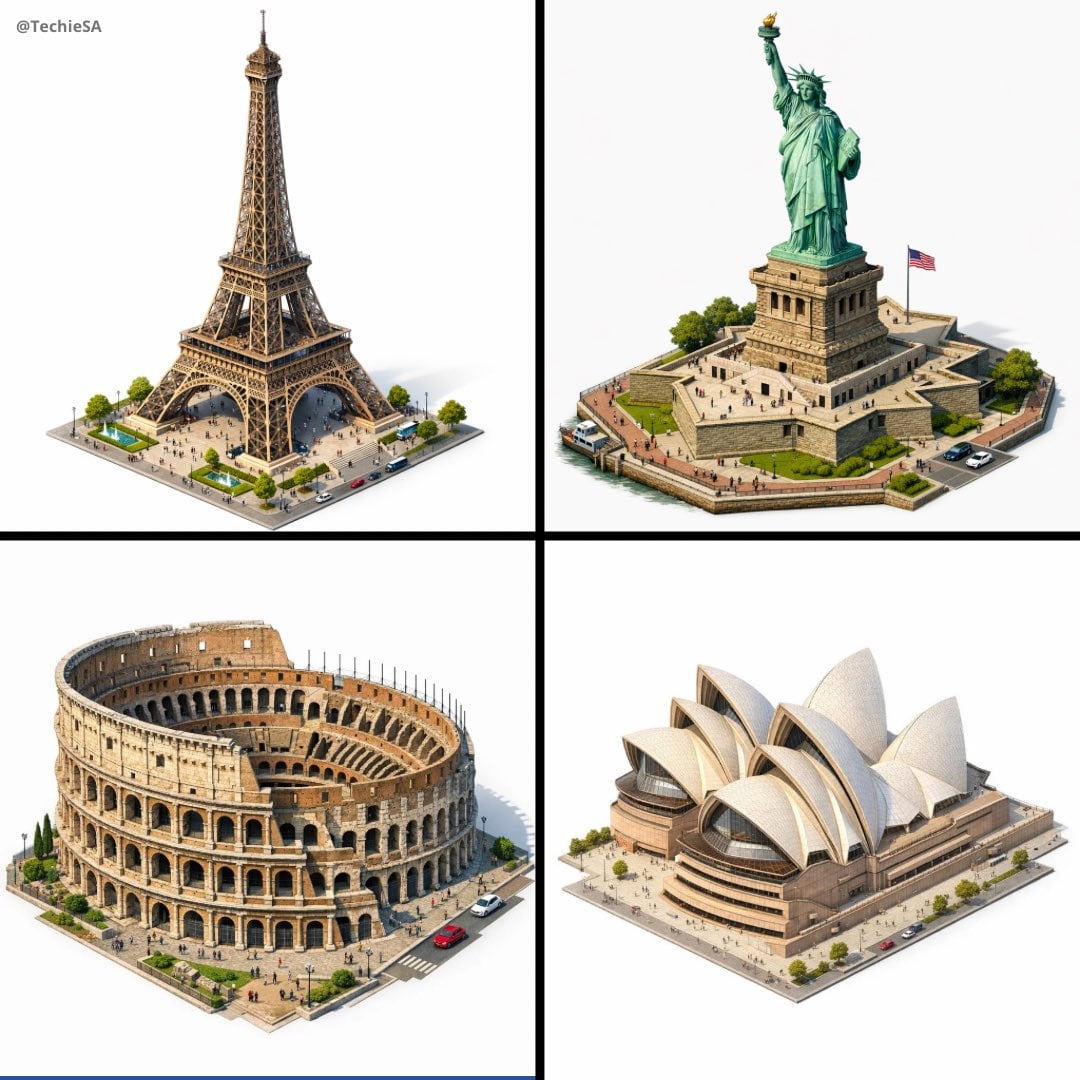 Create a highly detailed isometric 3D rendering of [LANDMARK] in architectural…