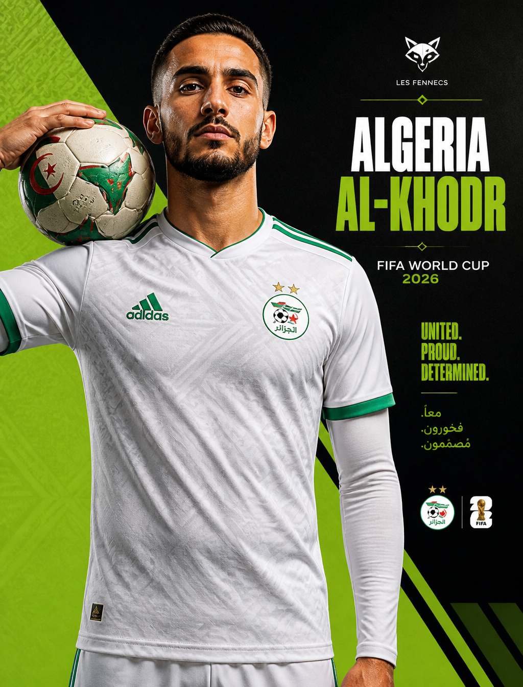 A professional male soccer player representing Algeria (Les Fennecs) stands cent