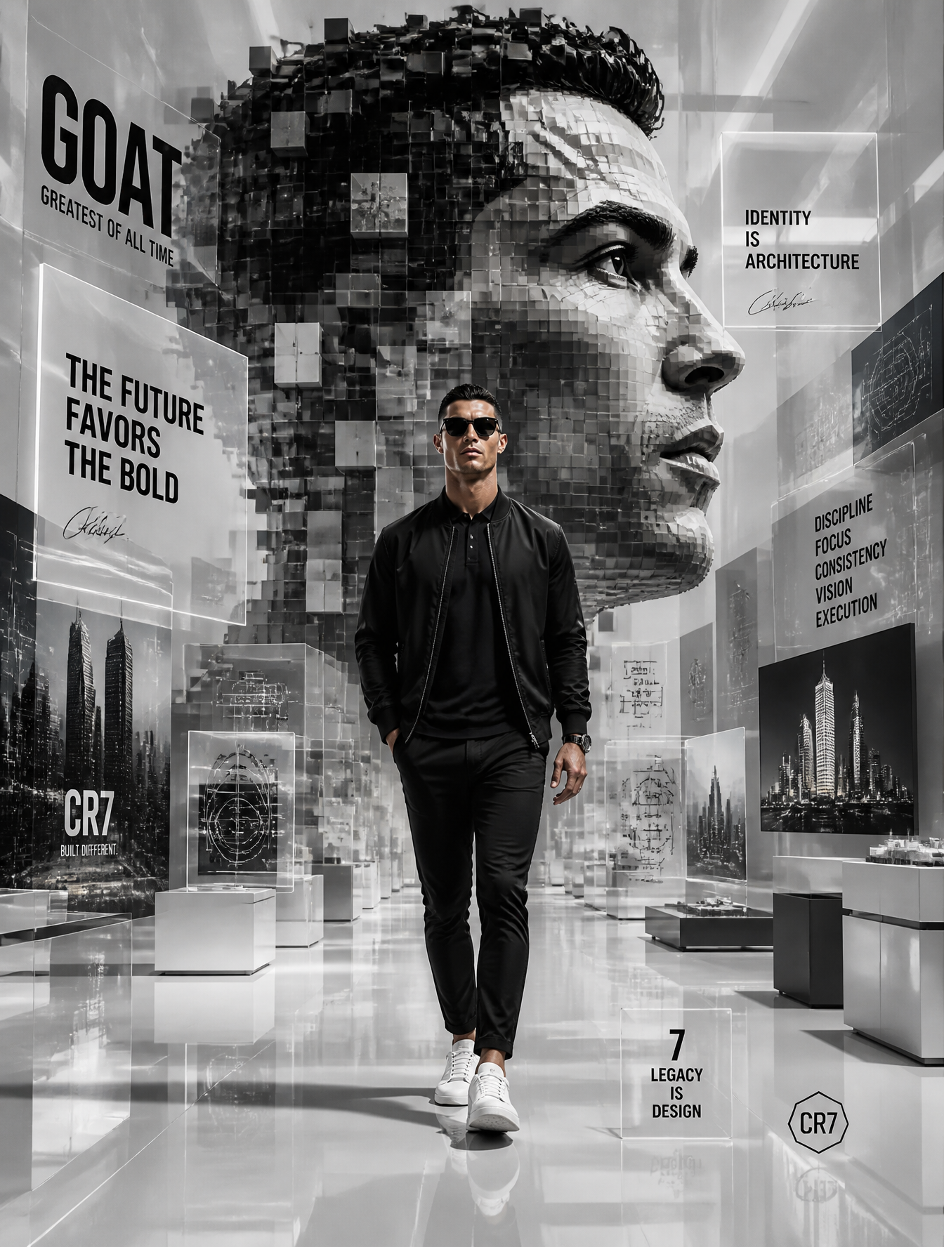 A futuristic monochrome motivational digital artwork featuring a man resembling 