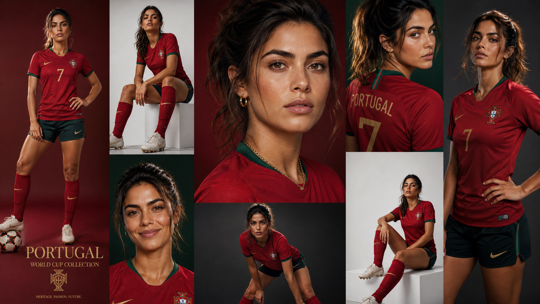 Create a luxury sports fashion collage editorial featuring a stylish young Portu