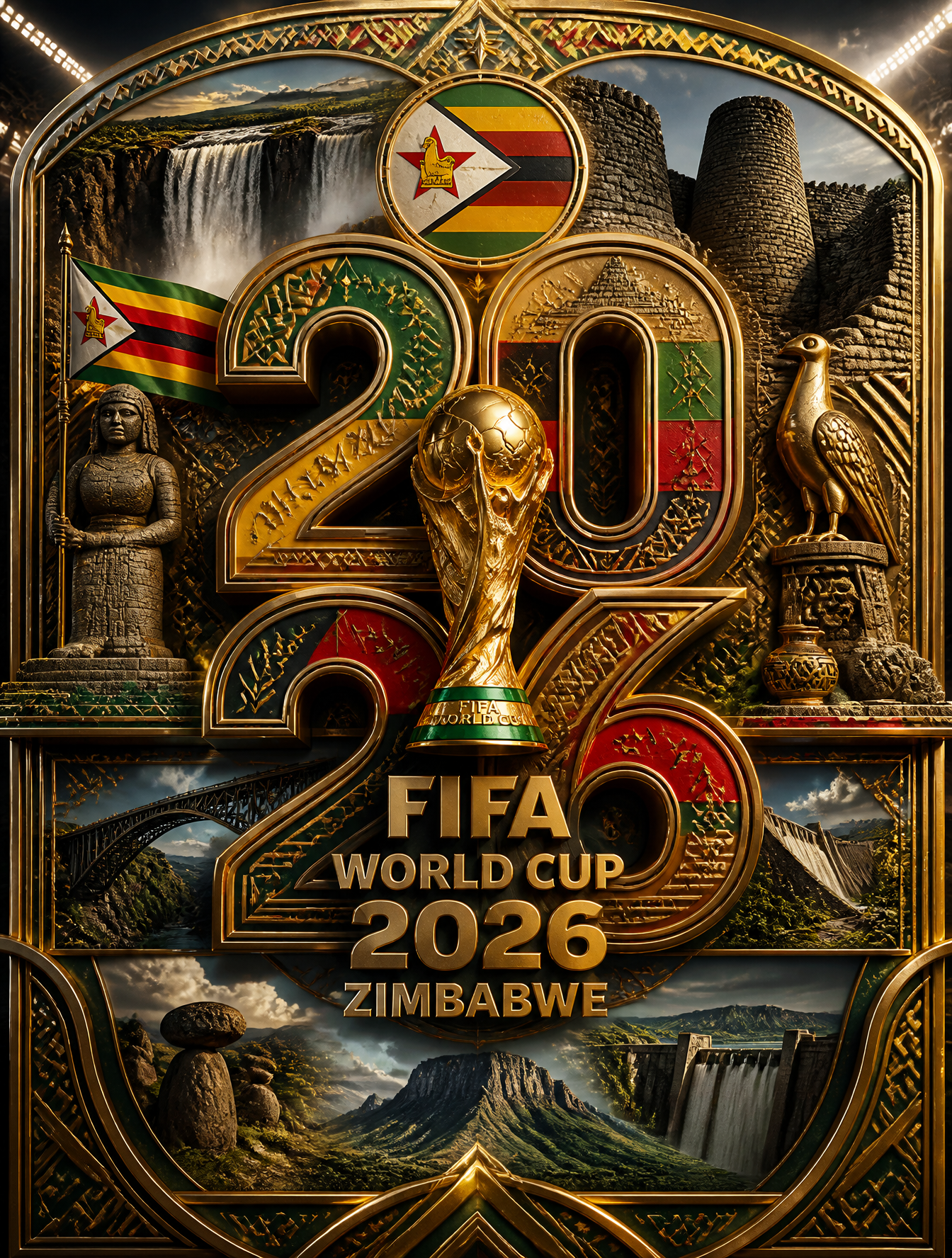 Ultra-detailed luxury 3D FIFA World Cup 2026 Zimbabwe poster. Massive layered "2