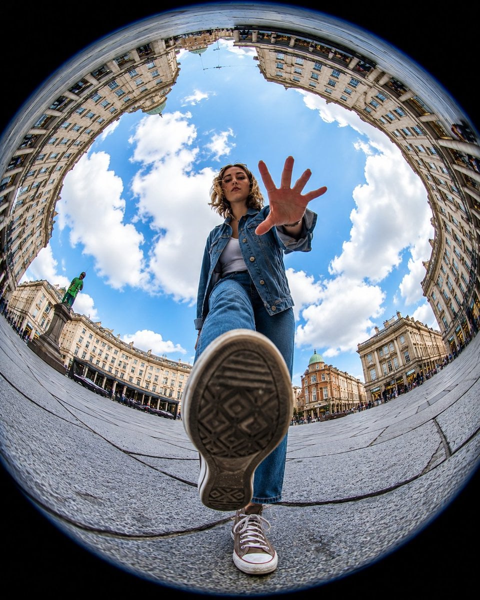 Ultra-realistic action photography, extreme fisheye lens, 8mm, worm’s-eye view f