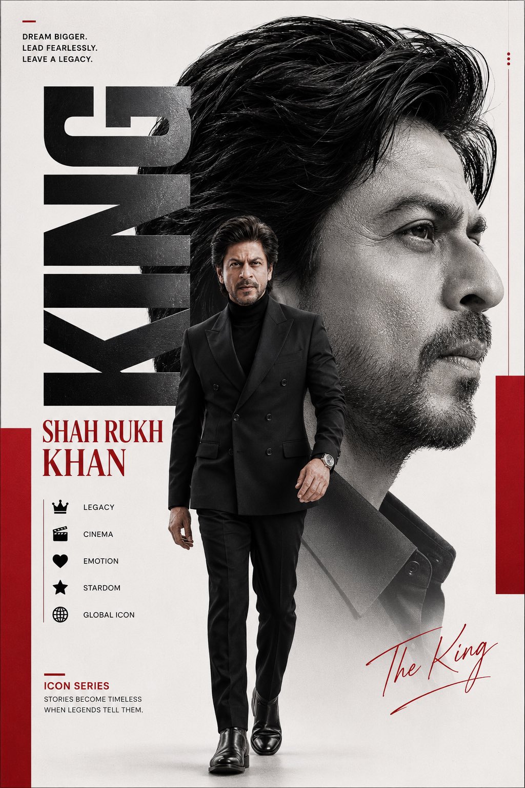 Create a premium luxury editorial poster featuring Shah Rukh Khan in a bold mode