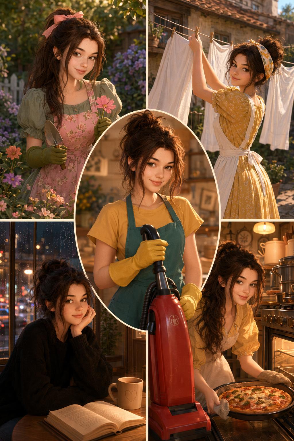 Use the reference image only for facial identity.

A charming collage of six sce