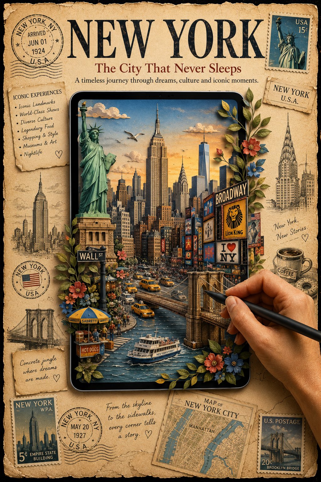 A premium vintage travel poster featuring [DESTINATION NAME] with a large tablet