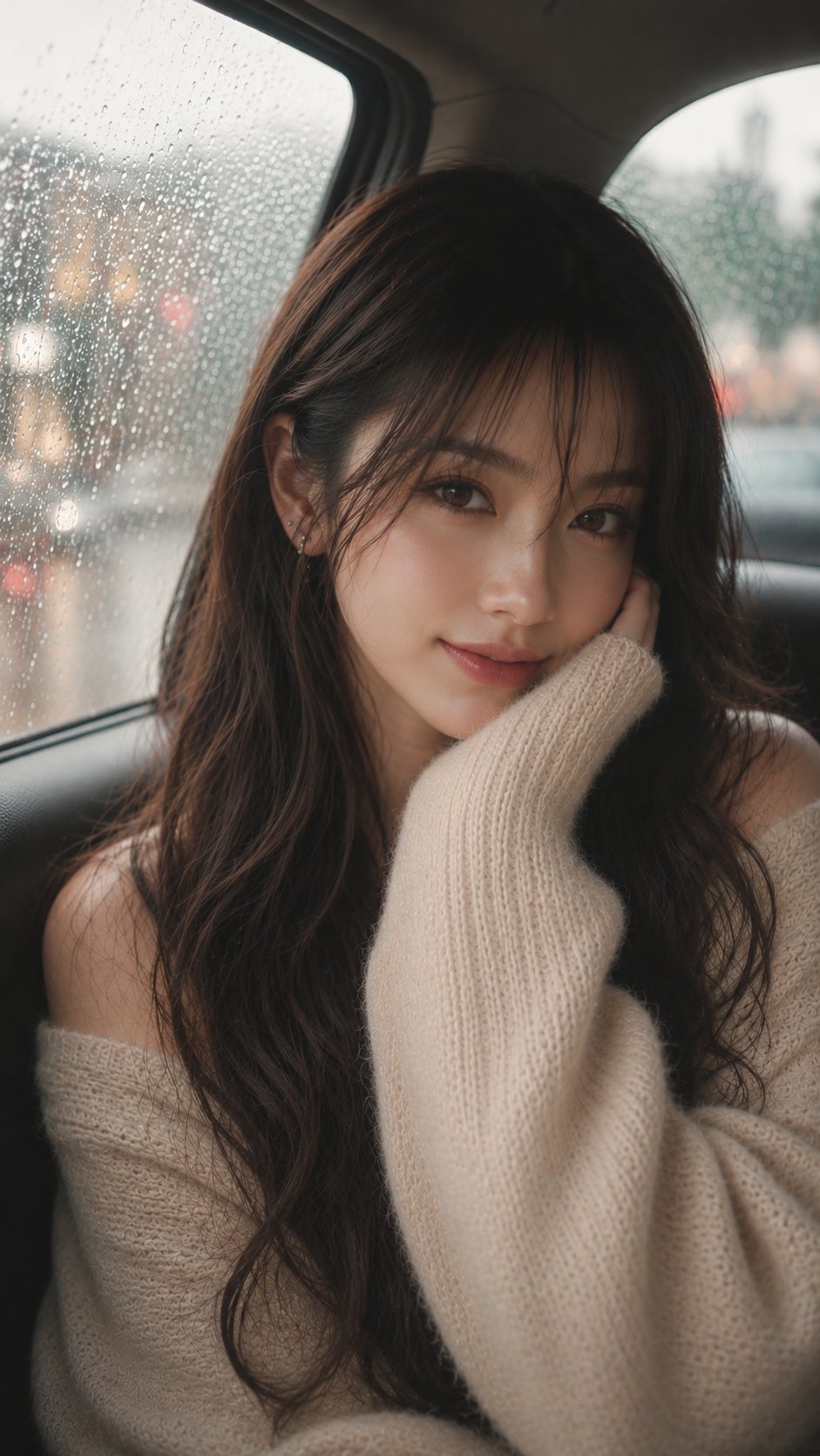 Ultra-realistic cinematic portrait of a beautiful young woman sitting inside a c