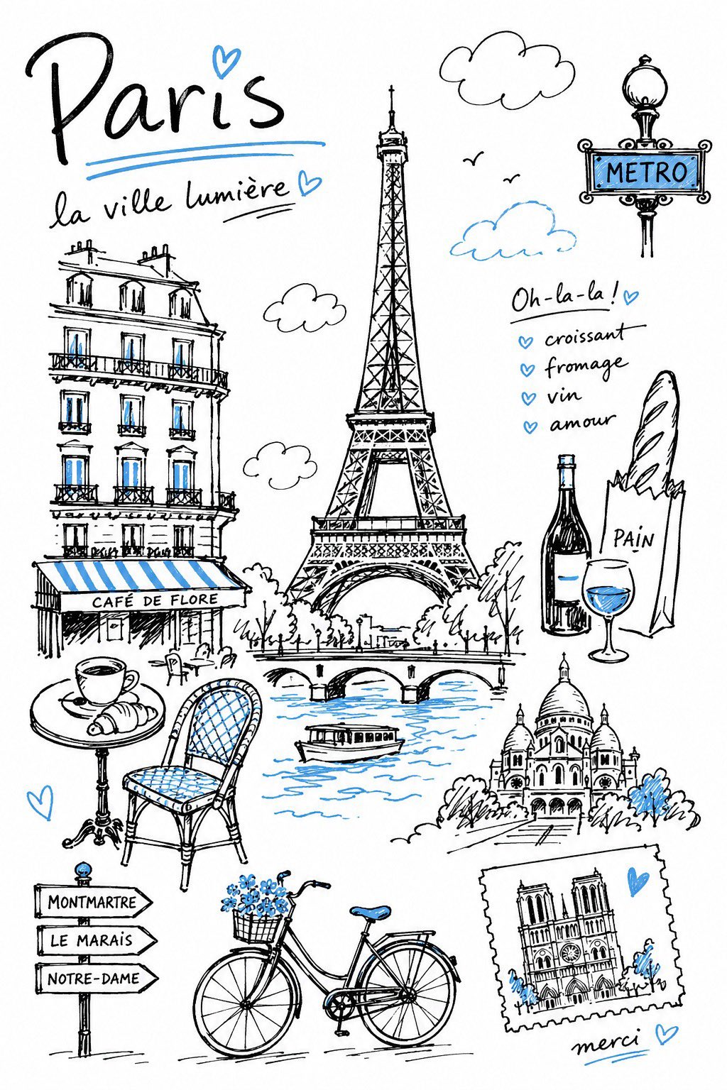 Create a charming editorial travel illustration of {DESTINATION} in a simple han