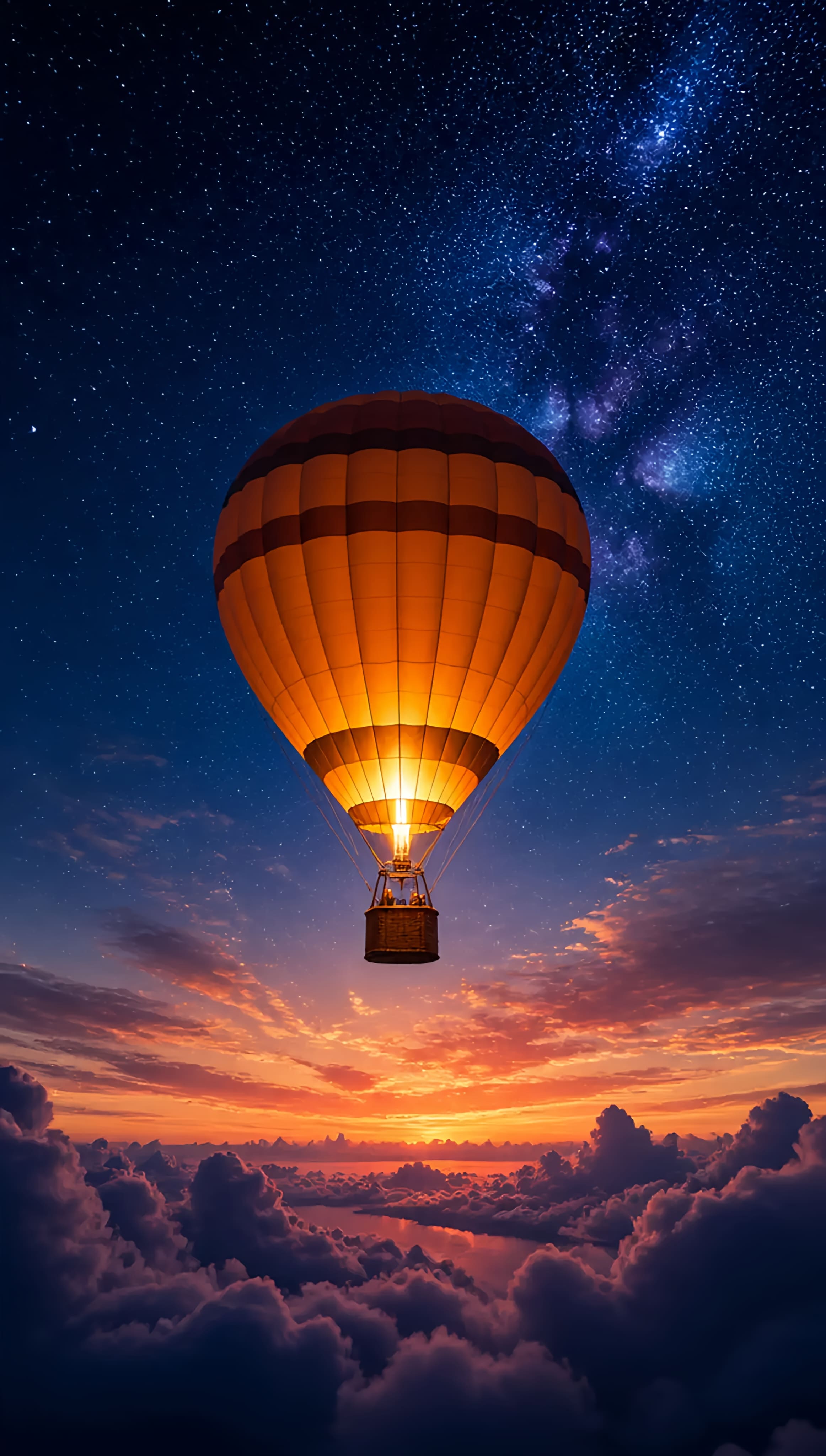 A magical white hot-air balloon, glowing from within with a warm golden light, f