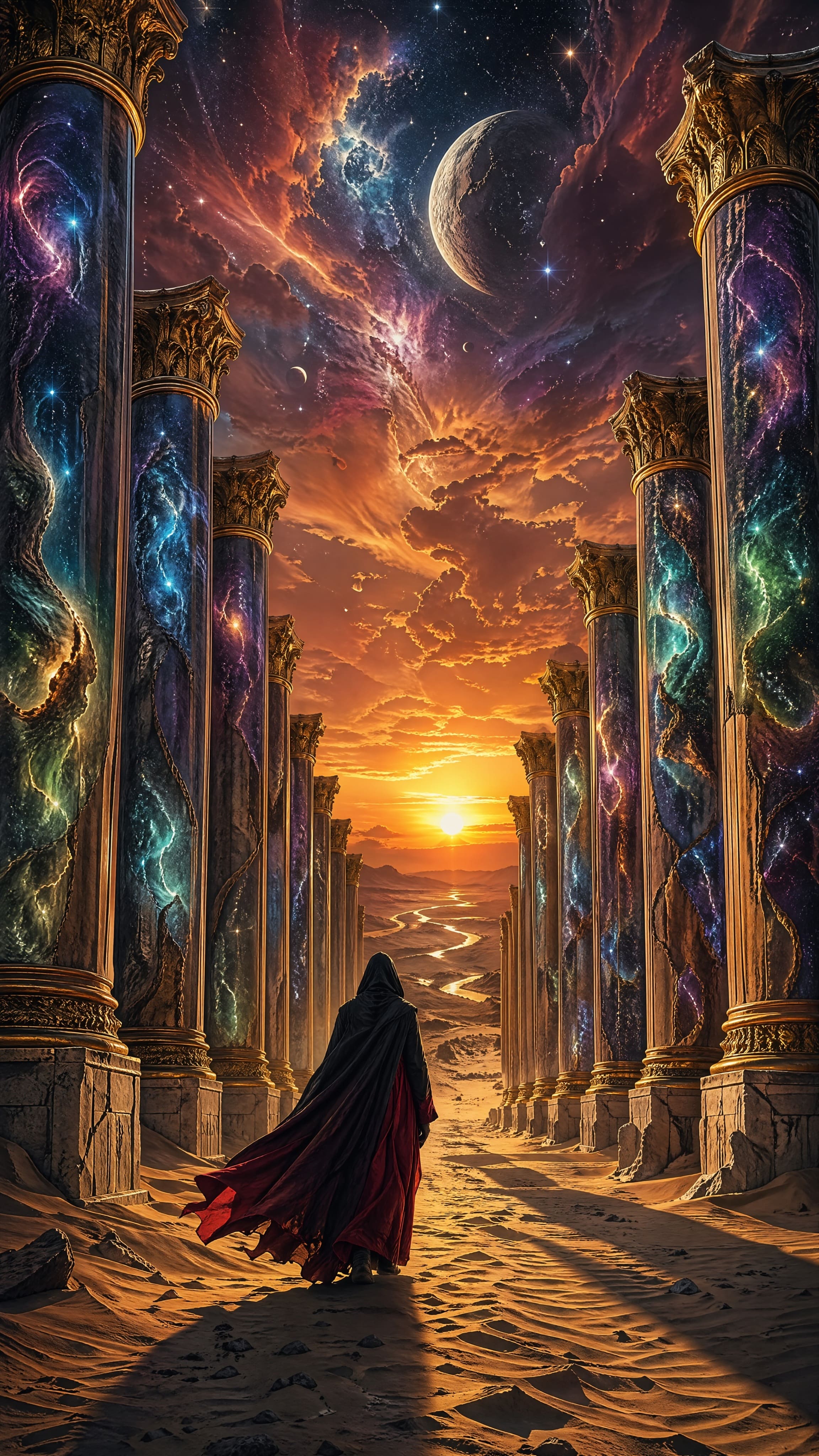 Model: Nano Banana 2

A lone, cloaked figure in a dark red robe walks down a san