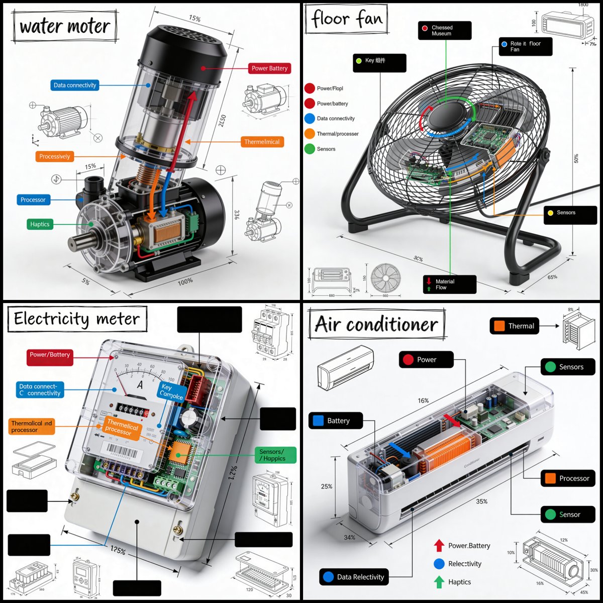 Create a technical infographic of [OBJECT] with a 45-degree isometric 3D perspec
