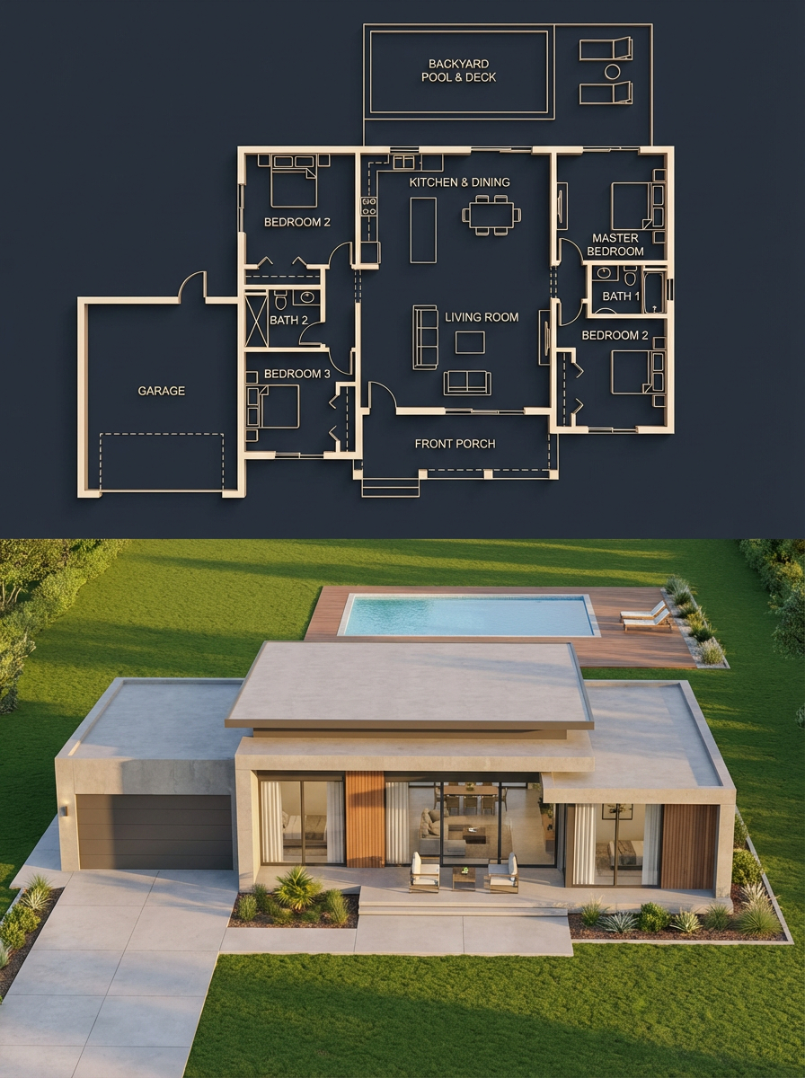 { "objective": "Create a split architectural visualization where the top is a de