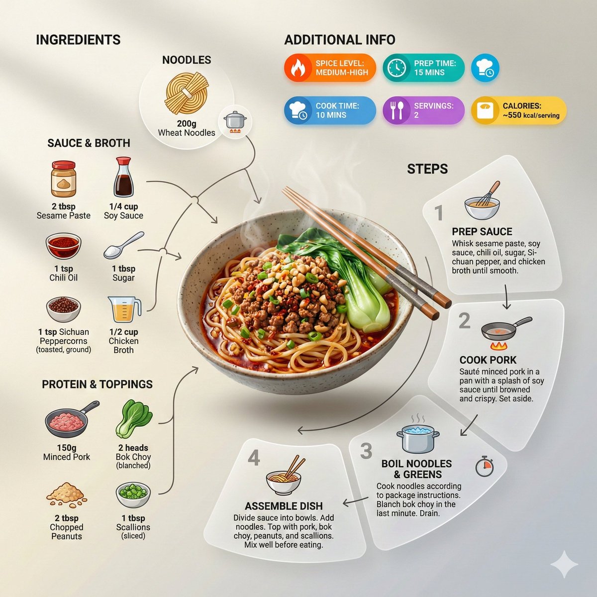 Ultra-clean modern recipe infographic. Showcase Noodles in a visually appealing 