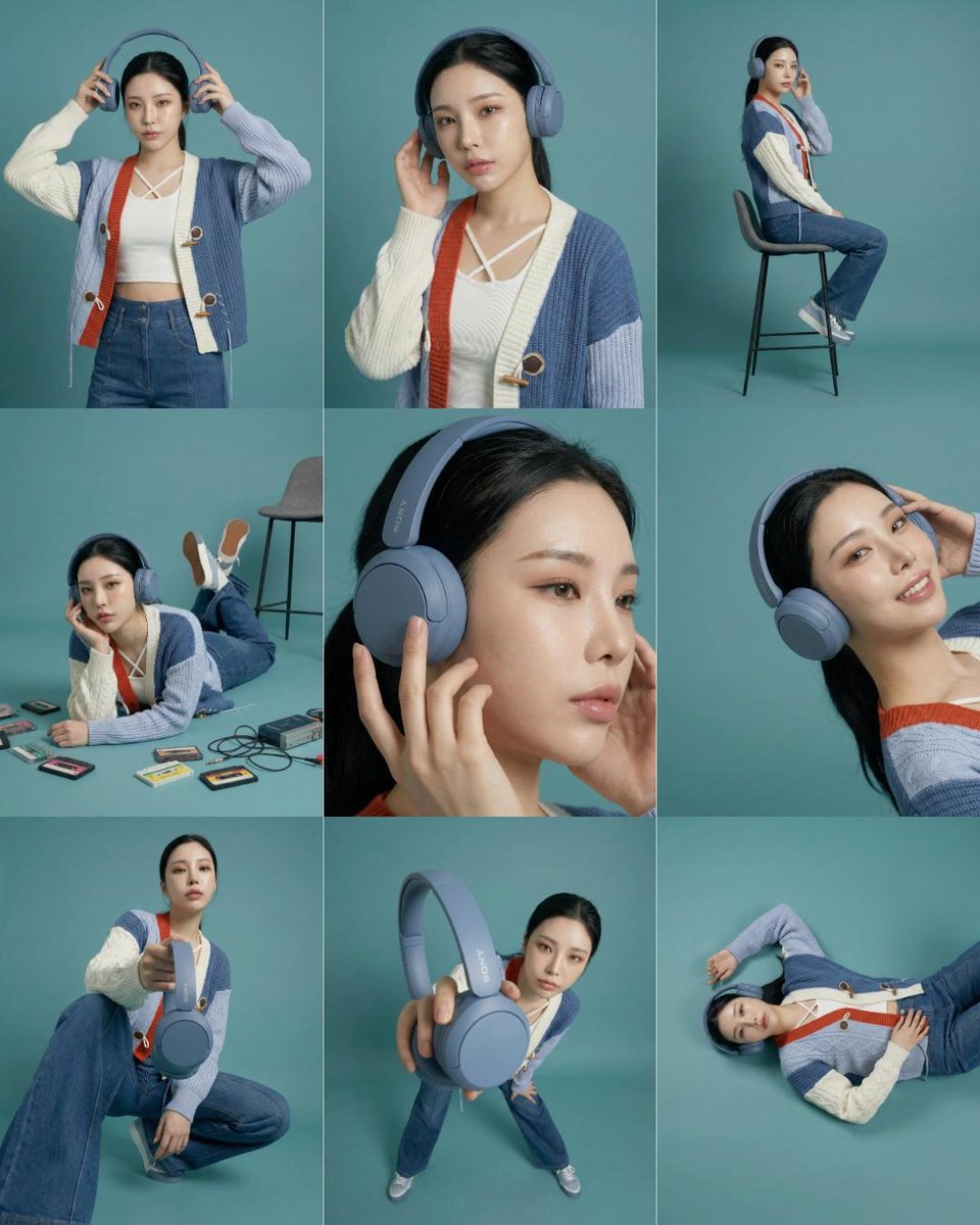 3×3 storyboard grid, nine panels, same subject and outfit, consistent teal studi