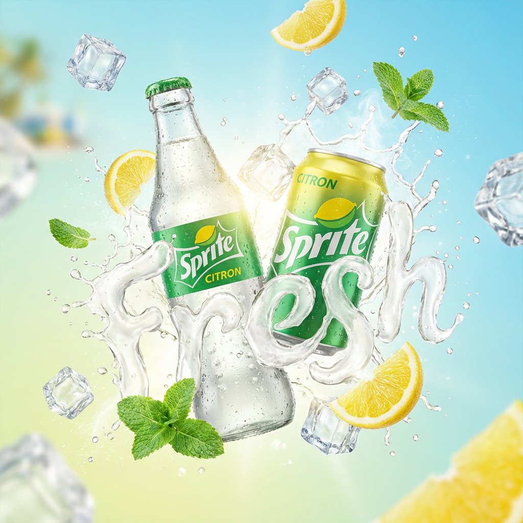A vibrant, high-end advertising visual of a [PRODUCT NAME] can/bottle floating…