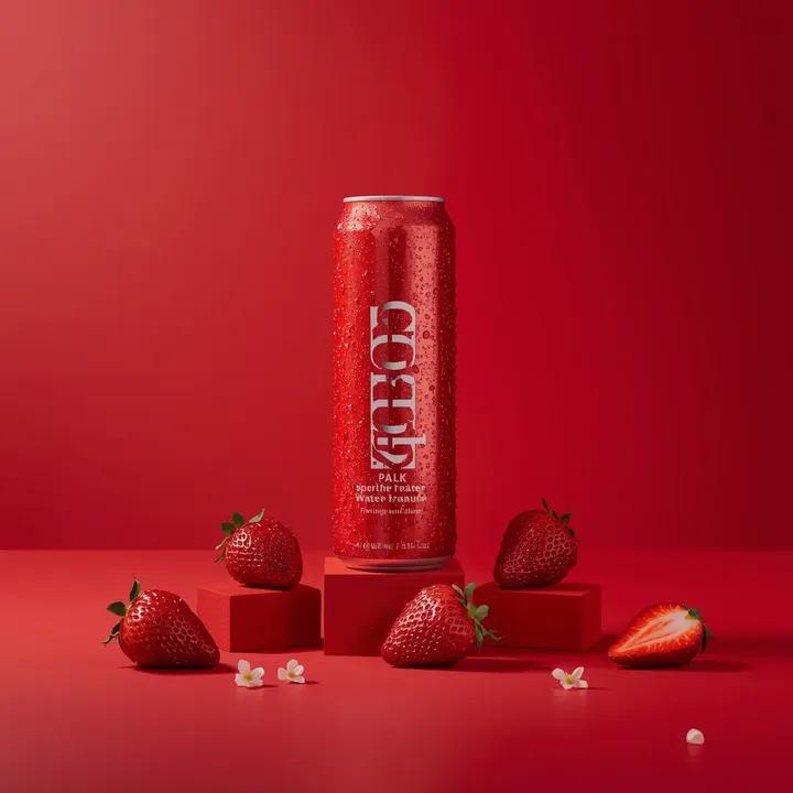 A premium studio product photograph of a tall, slim red aluminum sparkling water