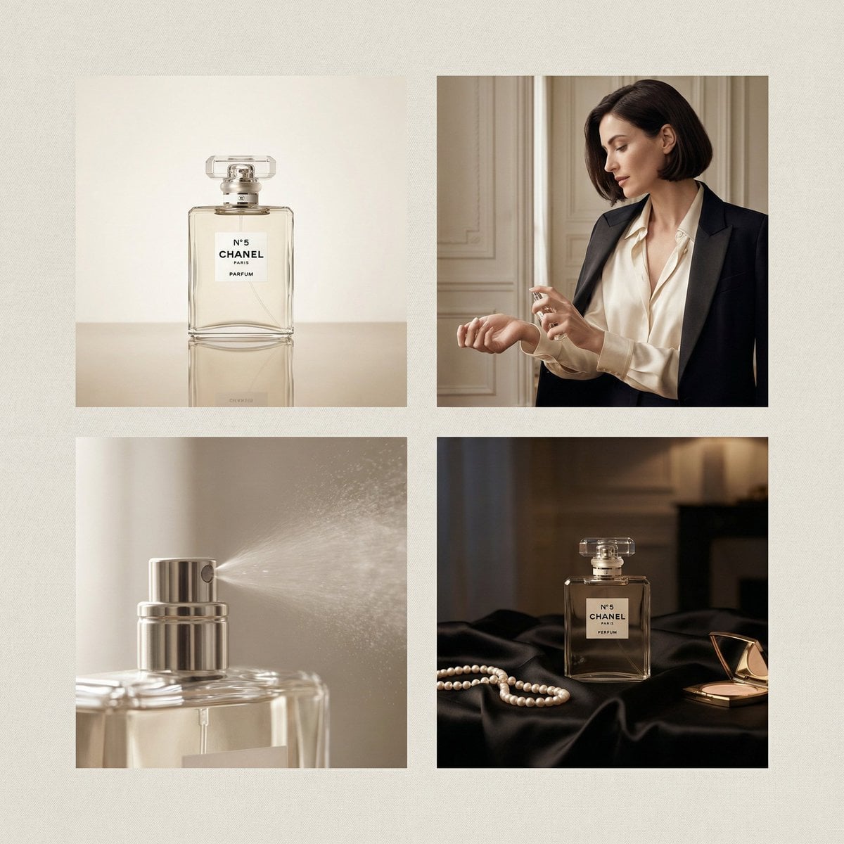 2×2 grid luxury perfume advertisement for Chanel perfume, four distinct yet cohe