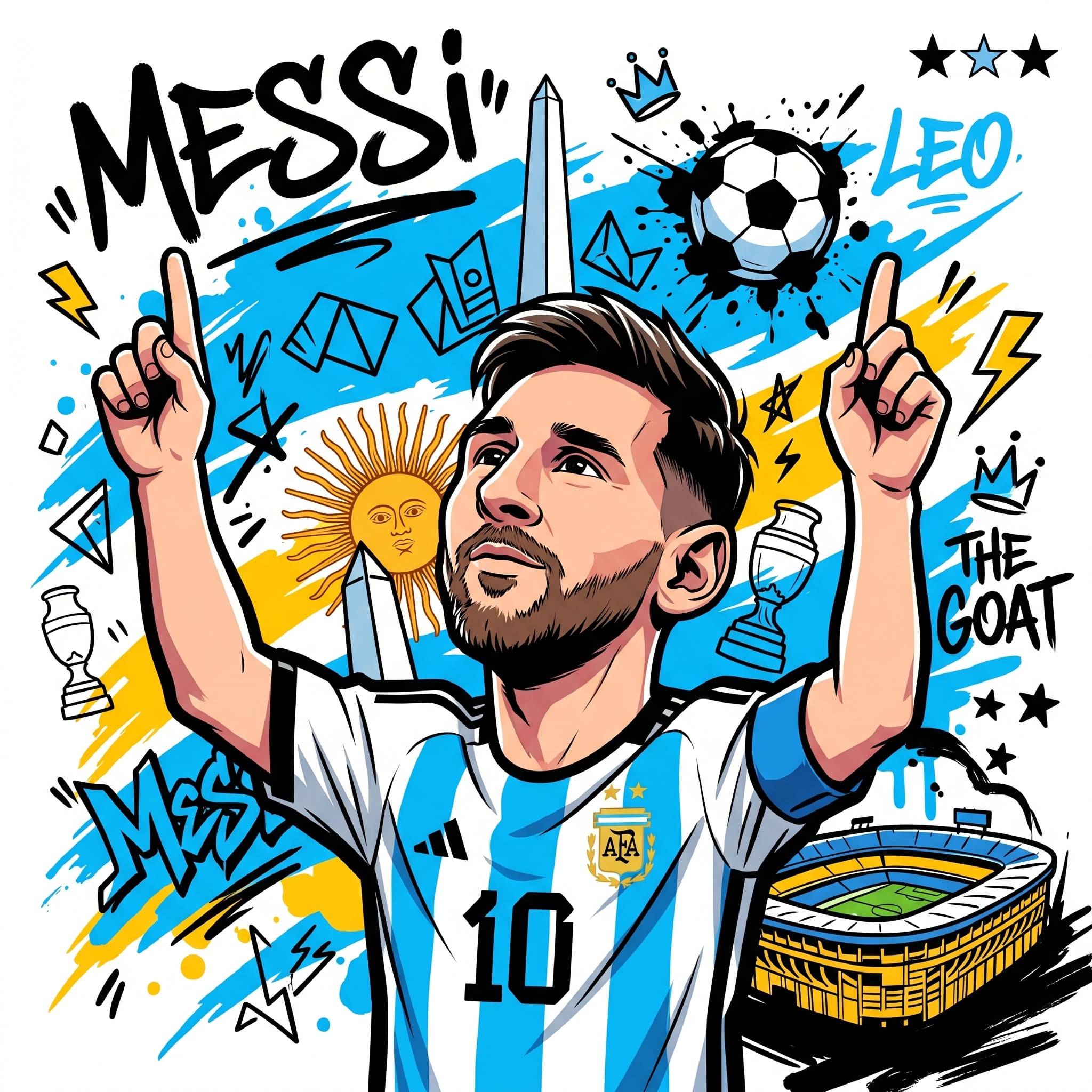 A high-contrast vector-art illustration of Lionel Messi in a dynamic chibi-anime