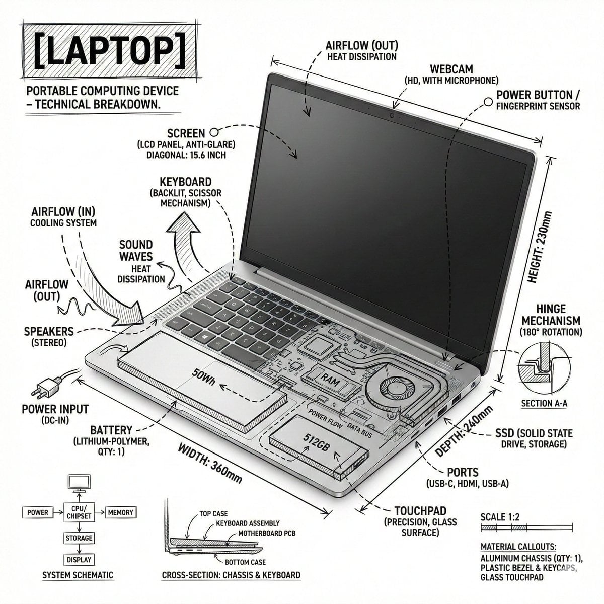 Create an infographic image of laptop ,combining a realistic photograph or photo