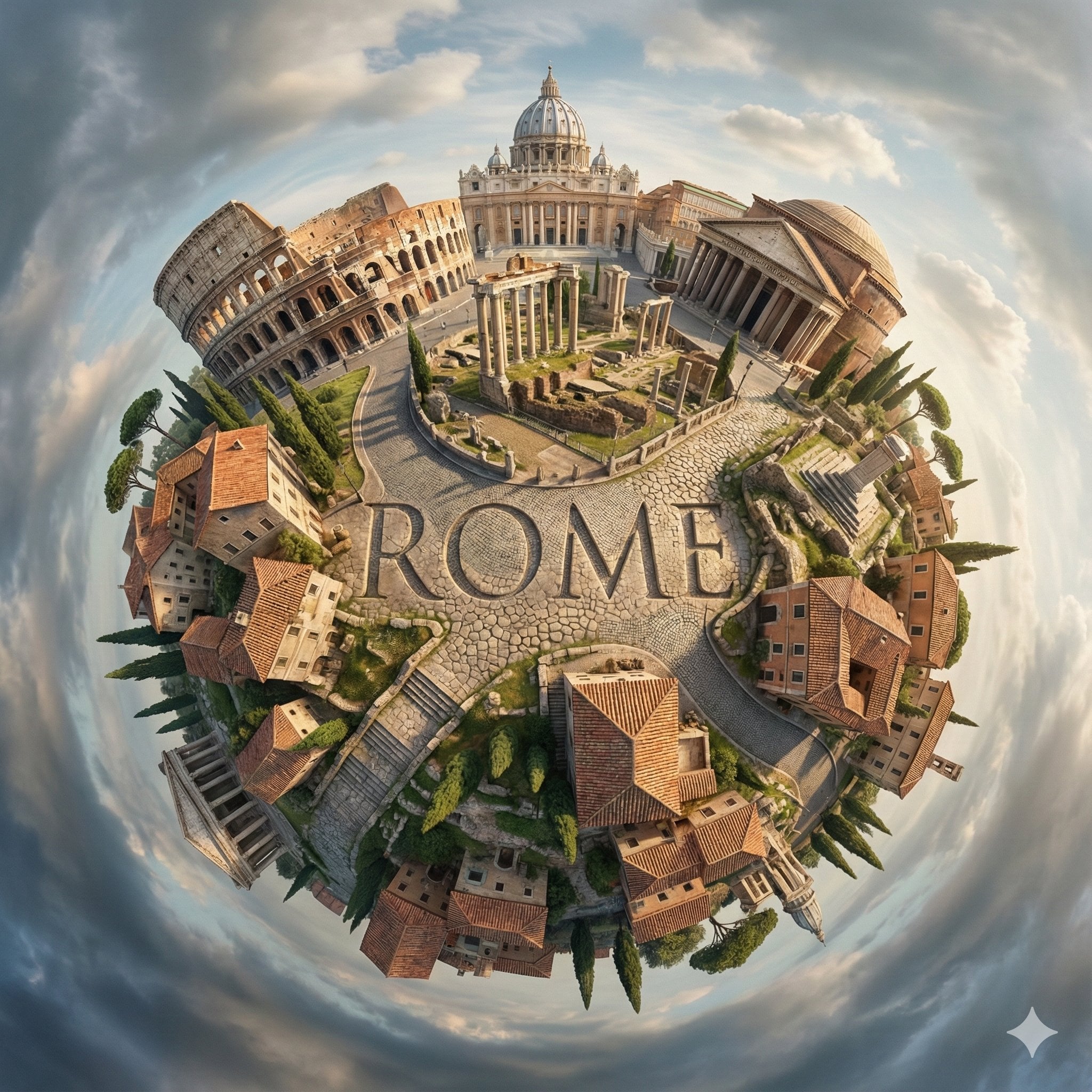 Create a hyperrealistic, surreal spherical panorama of [CITY NAME], with its mo…